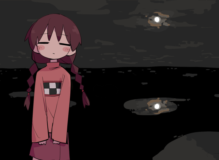 1girl blush braid closed_eyes eyebrows_visible_through_hair fusazakura long_sleeves looking_at_viewer madotsuki moon night ocean pink_skirt pink_sweater reflection shirt skirt sweater turtleneck twin_braids water yume_nikki