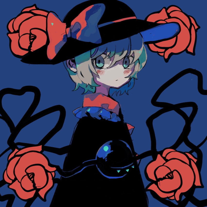 1girl :/ alternate_color bad_id bad_twitter_id black_headwear black_shirt blouse blue_background blush bow buttons closed_mouth diamond_button flower from_side green_eyes green_hair hair_between_eyes hat hat_bow highres komeiji_koishi looking_at_viewer looking_to_the_side red_bow red_flower red_rose rose shirt short_hair solo soumenhiyamugi third_eye touhou upper_body
