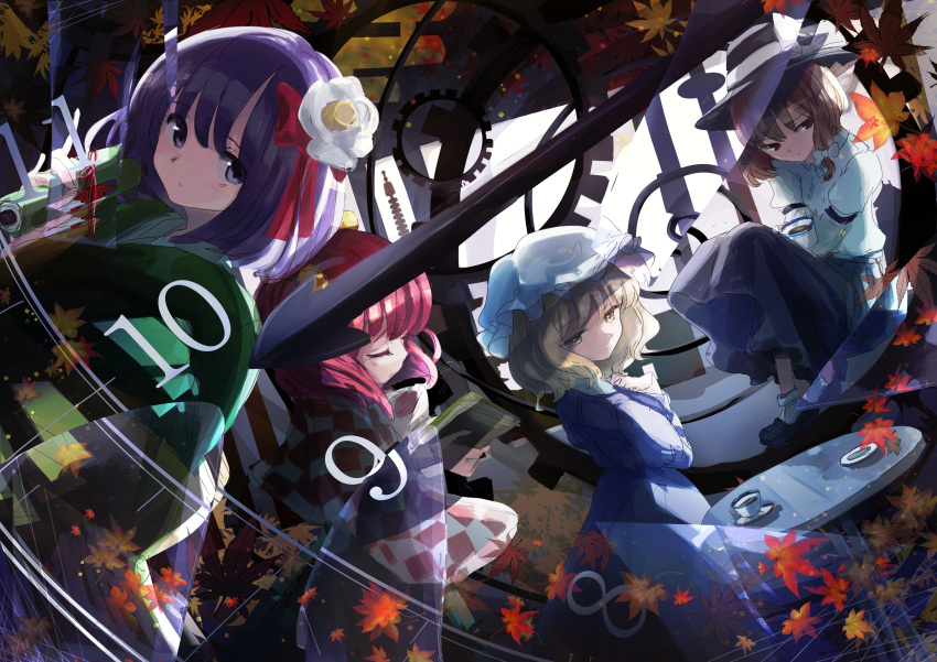 4girls :/ :| absurdres arm_strap autumn_leaves bell black_headwear black_skirt blonde_hair book bow brown_eyes brown_hair checkered_clothes checkered_kimono clock clock_hands clock_tower closed_eyes closed_mouth collared_dress collared_shirt commentary cup dress eyebrows_visible_through_hair fedora flower gears green_kimono hair_bell hair_between_eyes hair_bow hair_flower hair_ornament hair_ribbon hand_on_own_chest hat hat_bow hieda_no_akyuu highres holding holding_book holding_cup holding_scroll japanese_clothes kimono knees_up long_sleeves looking_at_viewer maribel_hearn minus_(sr_mineka) mob_cap motoori_kosuzu multicolored_clothes multicolored_kimono multiple_girls pink_hair puffy_long_sleeves puffy_sleeves purple_dress purple_hair red_kimono red_ribbon refraction ribbon scroll shirt shoes short_hair sitting skirt socks table teacup touhou tower usami_renko violet_eyes white_bow white_flower white_headwear white_kimono white_legwear white_shirt wide_sleeves yellow_eyes