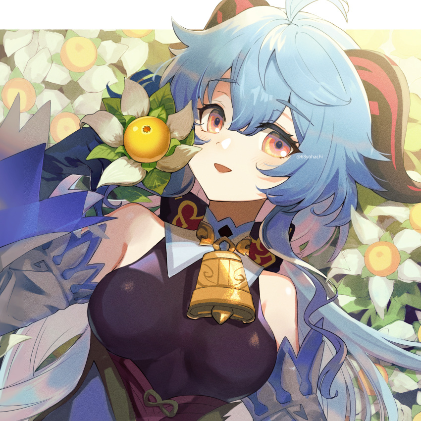 1girl ahoge bangs bare_shoulders bell blue_gloves blue_hair blush bow breasts detached_sleeves eyebrows_visible_through_hair flower ganyu_(genshin_impact) genshin_impact gloves highres horns long_hair looking_at_viewer lying medium_breasts neck_bell on_back open_mouth sidelocks smile solo sweet_flower upper_body violet_eyes white_flower white_sleeves yohachi