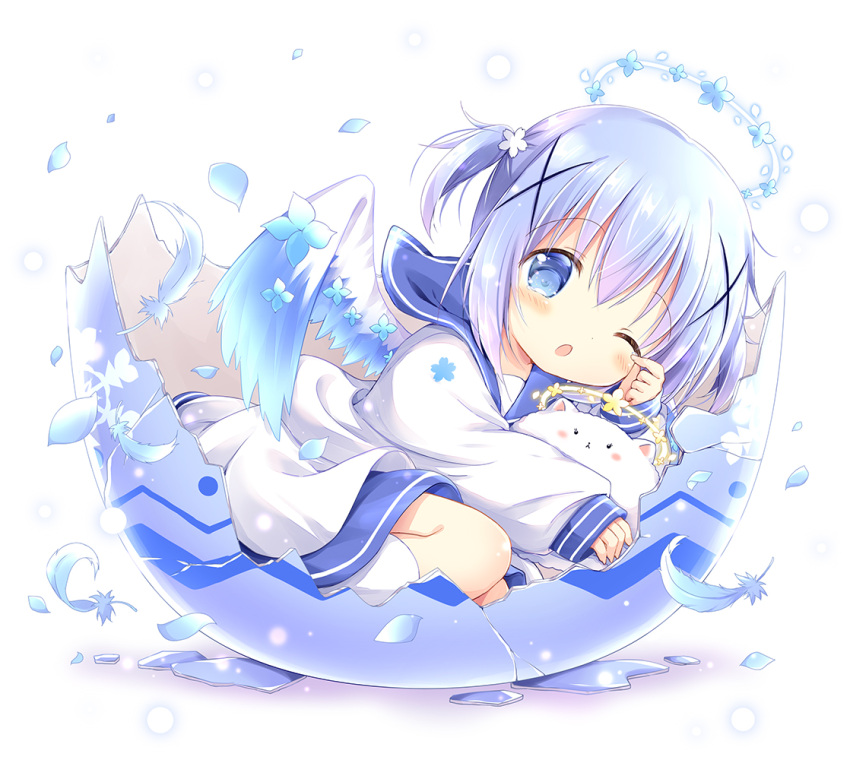 1girl ;o angora_rabbit animal bangs blue_eyes blue_feathers blue_flower blue_hair blue_sailor_collar blue_wings blush broken_egg commentary_request dress eggshell eyebrows_visible_through_hair feathered_wings feathers flower gochuumon_wa_usagi_desu_ka? hair_between_eyes hair_flower hair_ornament halo kafuu_chino long_sleeves looking_at_viewer nanase_miori one_eye_closed parted_lips petals puffy_long_sleeves puffy_sleeves rabbit sailor_collar shadow short_twintails sleeves_past_wrists socks tippy_(gochiusa) twintails white_background white_dress white_flower white_legwear white_wings wings x_hair_ornament