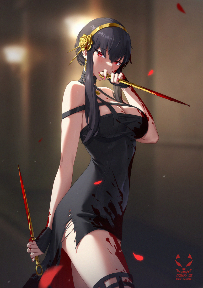 1girl arm_behind_back artist_logo artist_name bangs bare_shoulders black_dress black_gloves black_hair black_legwear blood blood_on_arm blood_on_breasts blood_on_clothes blood_on_face blood_on_hands blood_on_leg blood_on_weapon blurry blurry_background blush breasts covered_navel cowboy_shot dagger dress dual_wielding earrings falling_petals fingerless_gloves flower from_side gloves gold_earrings gold_hairband hair_flower hair_ornament hand_to_own_mouth hand_up highres holding holding_dagger holding_weapon horror_cat jewelry knife large_breasts off-shoulder_dress off_shoulder petals red_eyes red_nails reverse_grip rose solo spikes spy_x_family taut_clothes taut_dress torn_clothes torn_dress two-sided_dress two-sided_fabric weapon yor_briar