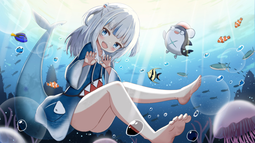 1girl absurdres bangs barefoot bloop_(gawr_gura) blue_eyes blue_hair blue_nails blunt_bangs blush bubble clownfish eyebrows_visible_through_hair fish fish_tail gawr_gura hair_ornament highres hololive hololive_english holomyth jellyfish jiu_(sdesd3205) long_hair looking_at_viewer multicolored_hair nail_polish open_mouth shark_girl shark_tail sharp_teeth short_twintails streaked_hair sunlight tail teeth twintails underwater virtual_youtuber