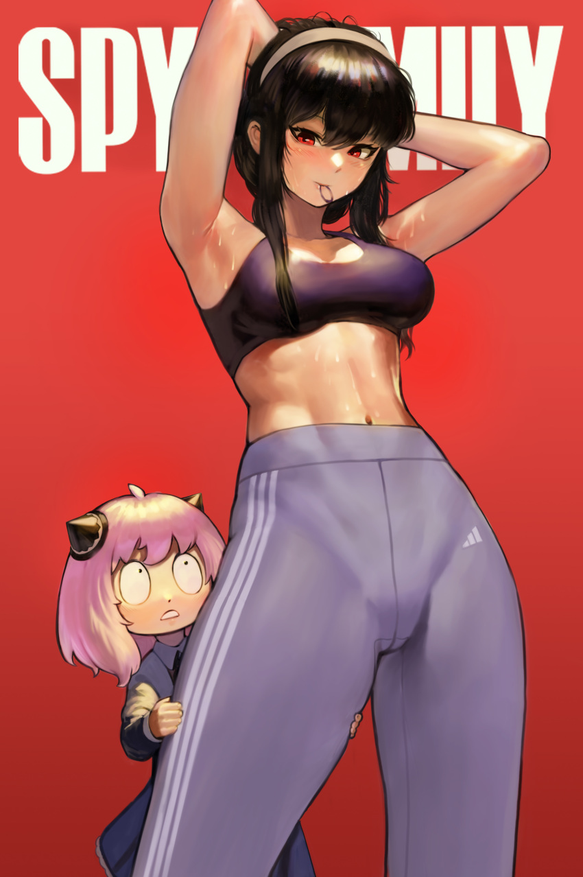0_0 2girls abs absurdres adidas ahoge anya_(spy_x_family) armpits arms_behind_head black_hair breasts child copyright_name hair_tie_in_mouth hairband highres holding_another's_leg long_hair looking_at_another looking_at_viewer medium_breasts medium_hair midriff mother_and_daughter mouth_hold mr_tangsuyuk multiple_girls navel pants pink_hair red_background red_eyes sidelocks sports_bra sportswear spy_x_family stomach striped sweat vertical_stripes white_hairband yoga_pants yor_briar