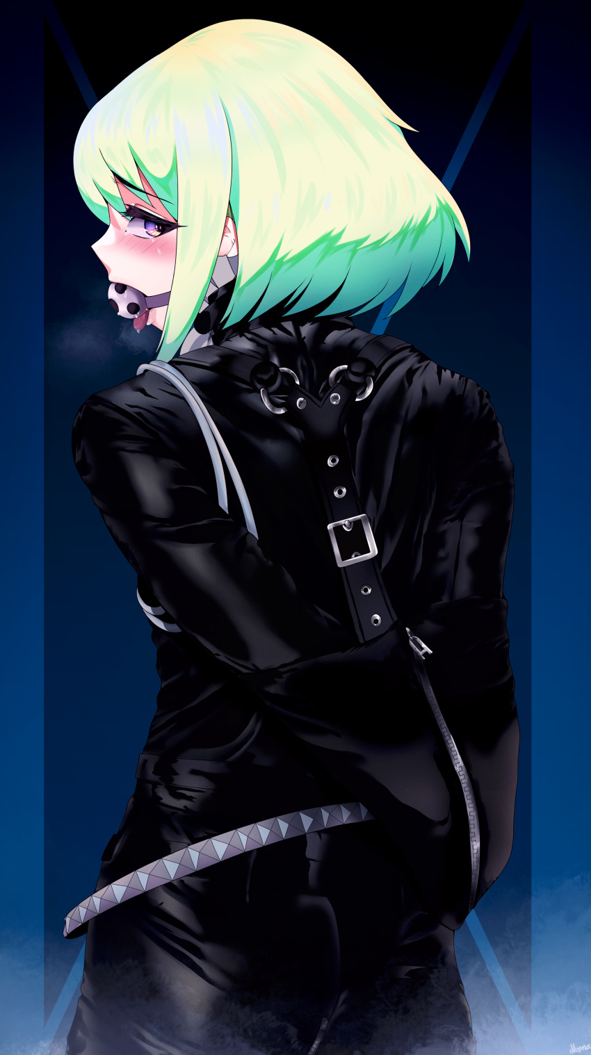 1boy absurdres armbinder ball_gag bdsm bondage bound catsuit drawfagmona from_behind gag gagged green_hair highres latex leather lio_fotia looking_back male male_focus promare short_hair_with_long_locks solo violet_eyes