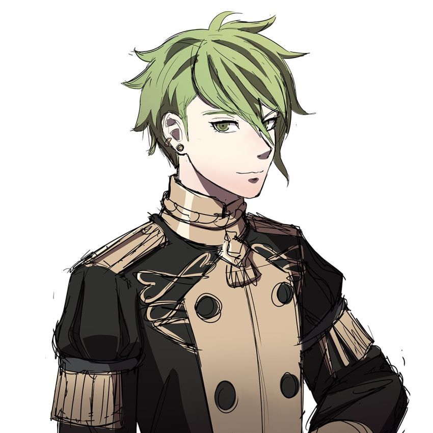 1boy alternate_costume amami_rantarou bangs black_jacket buttons cheer_(cheerkitty14) closed_mouth danganronpa_(series) danganronpa_v3:_killing_harmony double-breasted earrings green_eyes green_hair grey_background highres jacket jewelry looking_at_viewer male_focus military military_uniform parody short_hair simple_background smile solo style_parody uniform upper_body