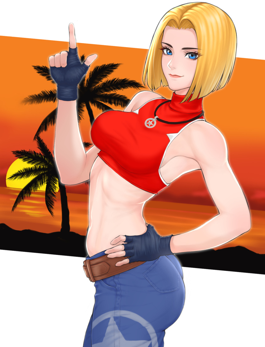 1girl baggy_pants bare_shoulders blonde_hair blue_mary crop_top fingerless_gloves gloves highres looking_at_viewer midriff navel pants sleeveless snk solo stomach straight_hair tank_top the_king_of_fighters the_king_of_fighters_xiv the_king_of_fighters_xv yukimune