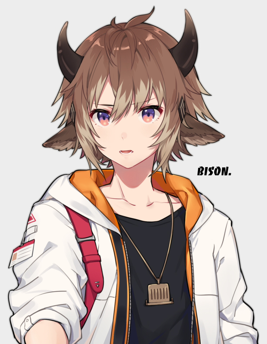 1boy ahoge anchun_(quail0503) animal_ears arknights bison_(arknights) black_shirt brown_eyes brown_hair character_name cow_boy cow_ears cow_horns grey_background hair_between_eyes hair_ornament highres horns id_card jacket jewelry male_focus necklace open_clothes open_jacket parted_lips shirt short_hair simple_background sleeves_rolled_up solo upper_body white_jacket