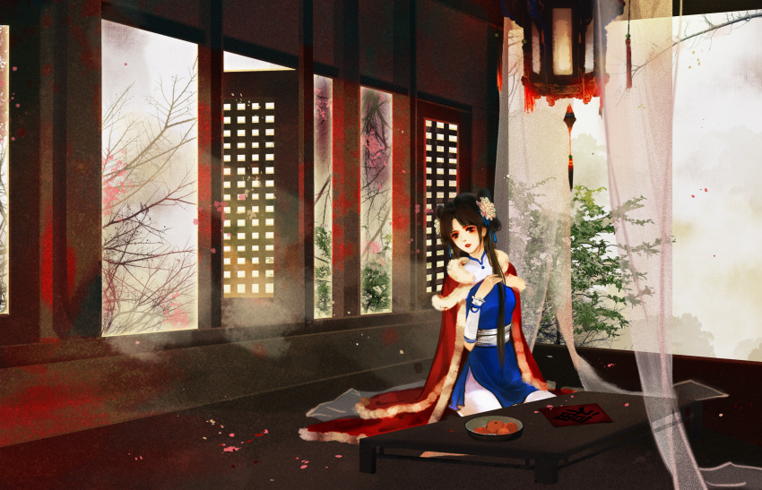 1girl black_hair blue_dress cape curtains dress flower food fruit hair_flower hair_ornament hand_on_own_chest highres light_rays looking_to_the_side orange_(fruit) red_cape solo table twintails window xian_jian_qi_xia_zhuan zhao_ling_er_shao_guan_lu zhao_linger