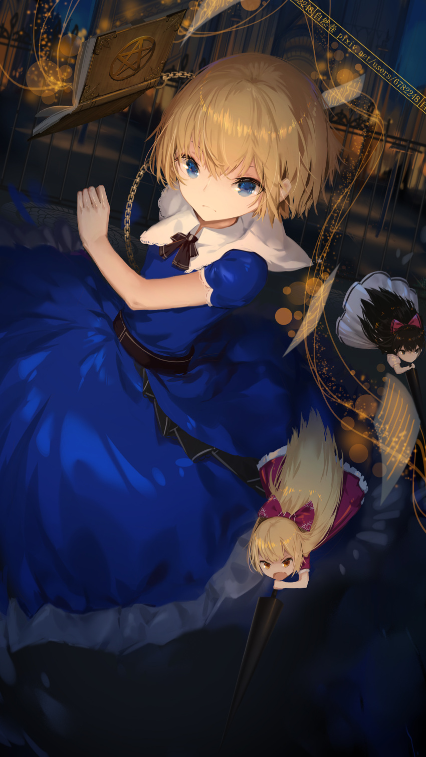3girls absurdres alice_margatroid alice_margatroid_(pc-98) belt black_eyes black_hair black_neckerchief blonde_hair blue_dress blue_eyes book bow chain chinese_commentary closed_mouth collared_dress commentary dress eyebrows_behind_hair fence frilled_dress frills frown hair_between_eyes highres holding holding_polearm holding_weapon hourai_doll indoors lance long_hair multiple_girls neckerchief open_book orange_eyes paper polearm red_bow red_dress shanghai_doll short_hair sword touhou touhou_(pc-98) weapon white_dress ziran_juan