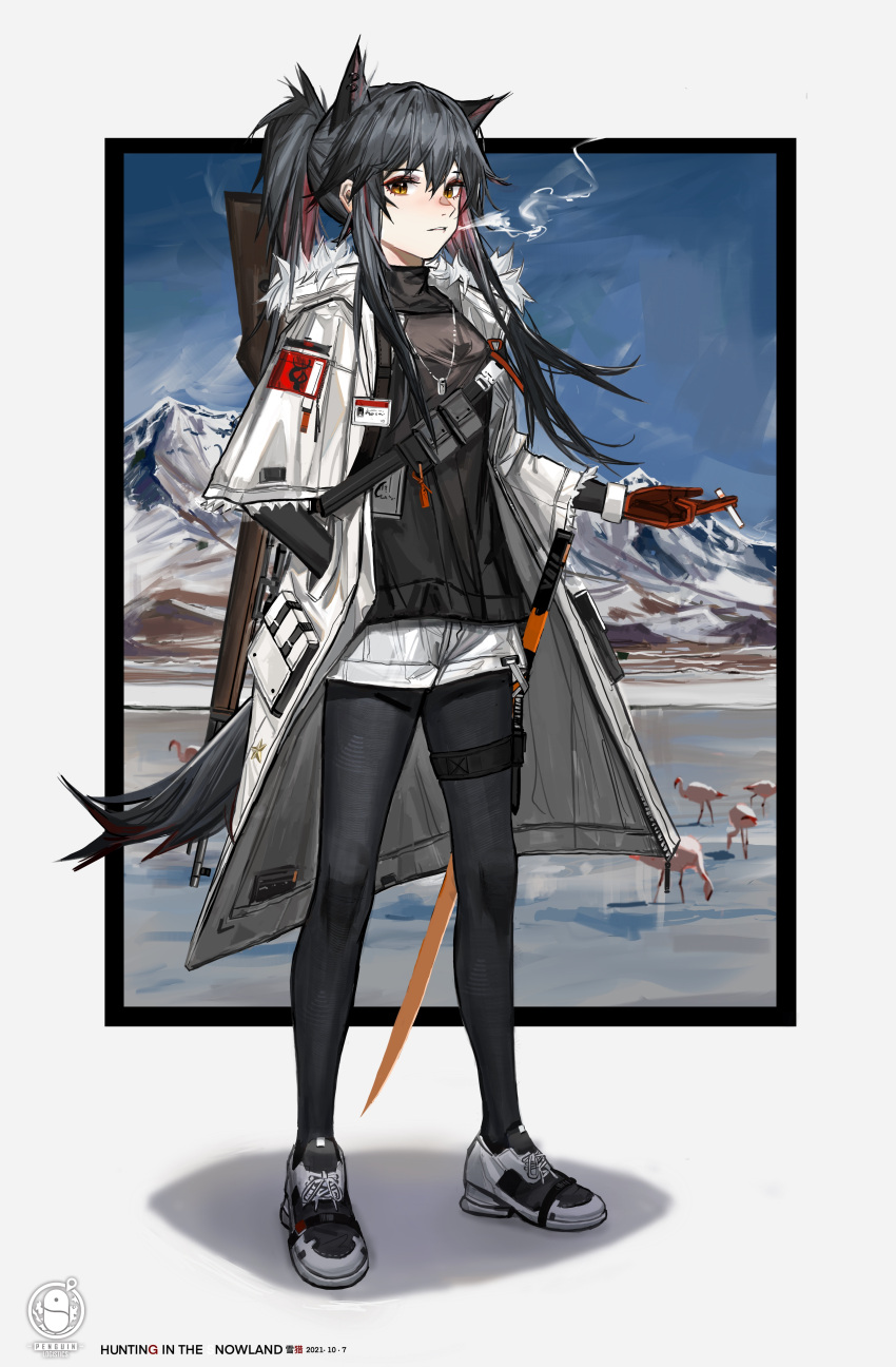 1girl absurdres animal_ears arknights bird black_border black_hair black_legwear black_shirt border cigarette dog_tags ear_piercing extra_ears flamingo fur-trimmed_hood fur-trimmed_sleeves fur_trim gloves hair_between_eyes hand_in_pocket highres holding holding_cigarette hood looking_at_viewer mountain multicolored_hair official_alternate_costume outdoors pantyhose penguin_logistics_logo piercing ponytail red_gloves redhead shadow sheath sheathed shirt shorts shuimo sidelocks smoking solo standing streaked_hair sword tail texas_(arknights) texas_(winter_messenger)_(arknights) thigh_strap weapon white_border white_shorts wolf_ears wolf_girl wolf_tail yellow_eyes