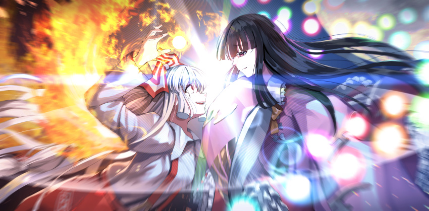 2girls :d absurdres bangs battle black_hair blunt_bangs bow bowtie closed_mouth collared_shirt commentary_request danmaku eyebrows_visible_through_hair fiery_wings fire floating_hair frilled_shirt_collar frilled_skirt frills from_side fujiwara_no_mokou hair_bow highres hime_cut houraisan_kaguya long_hair long_sleeves looking_at_another multiple_girls nemu_kotatsu open_mouth pants partial_commentary pink_eyes pink_shirt red_eyes red_pants red_skirt shirt sidelocks skirt smile suspenders teeth touhou upper_teeth very_long_hair white_hair white_shirt wide_sleeves wings yellow_bow yellow_bowtie