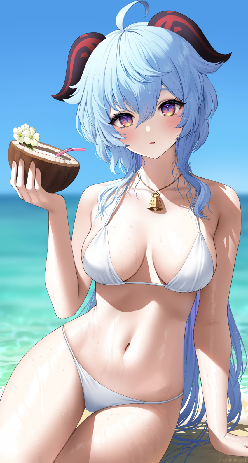 1girl absurdres ahoge arm_support artist_name bangs beach bikini blue_hair blurry blurry_background blush breasts coconut commentary drink drinking_straw ganyu_(genshin_impact) genshin_impact goat_horns hair_between_eyes halterneck hand_up highres holding holding_drink horns jewelry kohanayuki large_breasts long_hair looking_at_viewer multicolored_eyes navel necklace ocean parted_lips sidelocks sitting solo stomach sweat swimsuit thigh_gap thighs very_long_hair violet_eyes white_bikini yellow_eyes