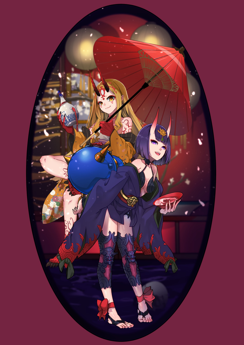 2girls absurdres alcohol ankle_ribbon bangs bare_shoulders barefoot_sandals blonde_hair bob_cut bottle breasts cherry_blossoms crossed_legs cup eyebrows_visible_through_hair eyeliner facial_mark fate/grand_order fate_(series) fingernails forehead_mark gourd headpiece highres holding holding_bottle holding_cup holding_umbrella horns ibaraki_douji_(fate) japanese_clothes kimono leaning_forward leg_ribbon long_hair long_sleeves looking_at_viewer makeup medium_breasts multiple_girls oil-paper_umbrella oni oni_horns open_clothes open_kimono open_mouth oval_background pointy_ears purple_hair purple_kimono red_background revealing_clothes ribbon sakazuki sake sake_bottle sharp_fingernails sharp_toenails shin_guards short_eyebrows short_hair shuten_douji_(fate) sitting skin-covered_horns smile tattoo terasako toenails umbrella violet_eyes wide_sleeves yellow_eyes yellow_kimono