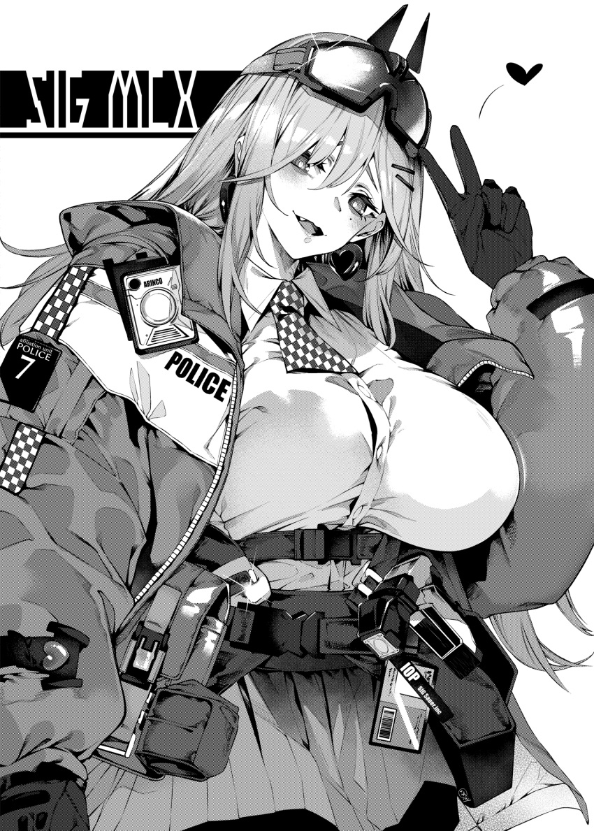 1girl ascot belt breasts character_name collared_shirt earrings eyewear_on_head girls_frontline gloves hair_ornament hairclip heart heart_earrings highres iapoc jacket jewelry large_breasts long_hair mole mole_under_eye monochrome open_clothes open_jacket open_mouth police police_uniform safety_glasses shirt shirt_tucked_in sig_mcx_(girls'_frontline) simple_background skirt smile snap-fit_buckle solo taser uniform utility_belt