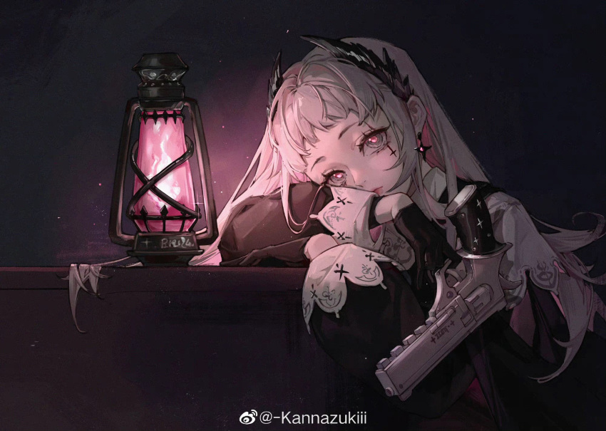 1girl arknights black_jacket closed_mouth dark_background earrings fire grey_eyes grey_hair gun head_wings highres irene_(arknights) jacket jewelry kannazukii lantern light_particles lips long_hair long_sleeves looking_at_viewer pink_fire puffy_long_sleeves puffy_sleeves scar scar_across_eye scar_on_face solo sparkle table upper_body weapon