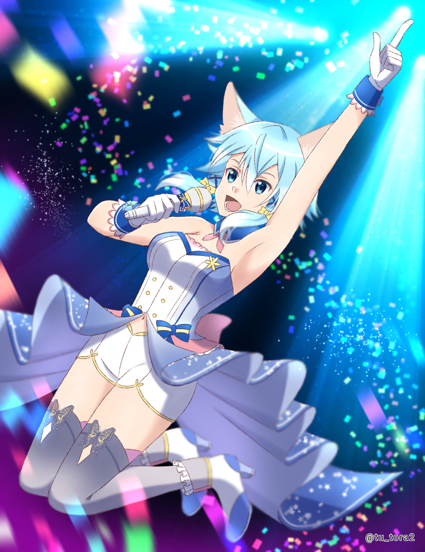 1girl :d absurdres animal_ear_fluff animal_ears arm_up armpits bangs blue_eyes blue_hair bow breasts cat_ears cat_girl frilled_footwear full_body gloves grey_legwear hair_between_eyes hair_bow hair_ornament highres holding holding_microphone idol index_finger_raised jumping medium_breasts microphone midriff music navel open_mouth shiny shiny_hair short_hair_with_long_locks short_shorts shorts sidelocks singing sinon_(sao-alo) smile solo stomach strapless sword_art_online thigh-highs tu_tora2 twitter_username waist_cape white_gloves white_shorts x_hair_ornament yellow_bow zettai_ryouiki