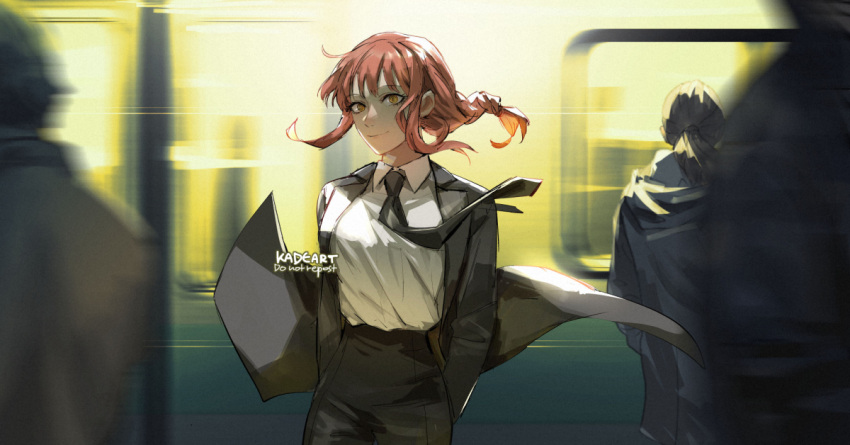 1girl arms_behind_back artist_name bangs black_coat black_necktie black_pants blurry blurry_foreground braid braided_ponytail breasts business_suit chainsaw_man coat collared_shirt extra formal glowing ground_vehicle hood hoodie jacket kadeart long_sleeves looking_at_viewer makima_(chainsaw_man) medium_breasts necktie pants people ponytail redhead shirt sidelocks sinister smile solo_focus standing suit thick_thighs thighs tight train train_station walking yellow_eyes