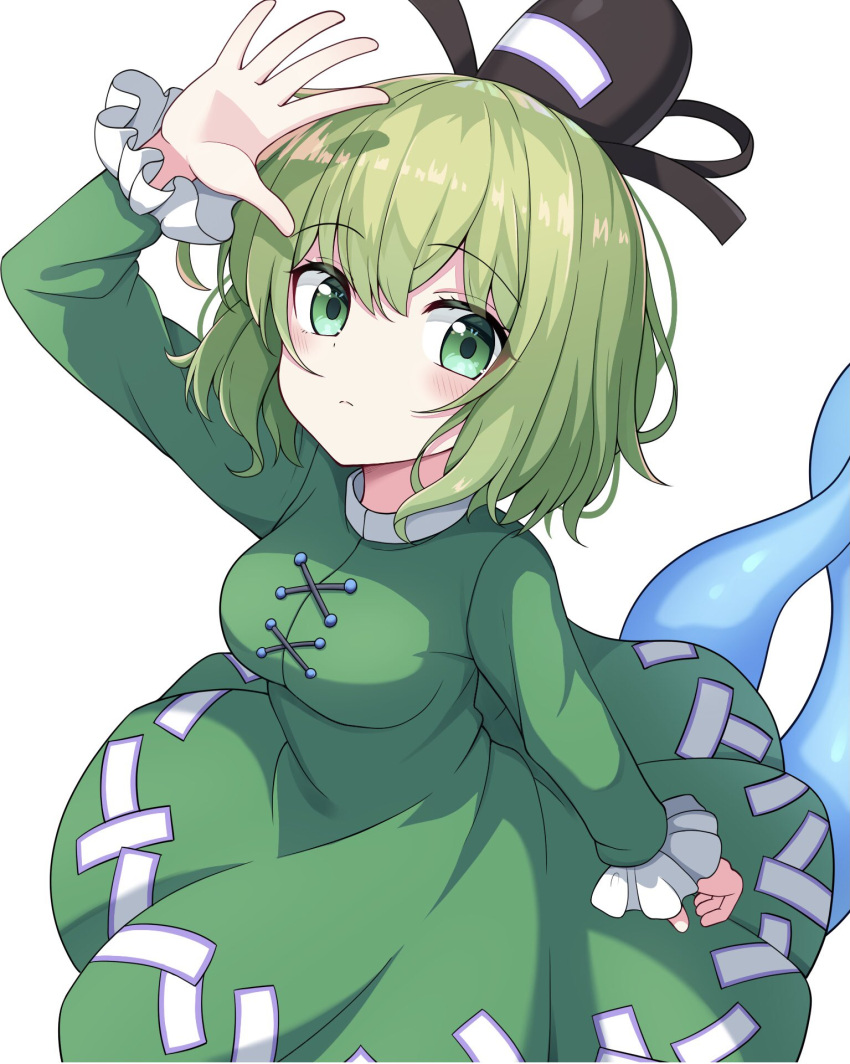 1girl bangs black_headwear closed_mouth cross-laced_clothes dress eyebrows_visible_through_hair ghost_tail green_dress green_eyes green_hair hat highres looking_at_viewer mol_fire893 ofuda ofuda_on_clothes short_hair simple_background soga_no_tojiko solo tate_eboshi touhou white_background