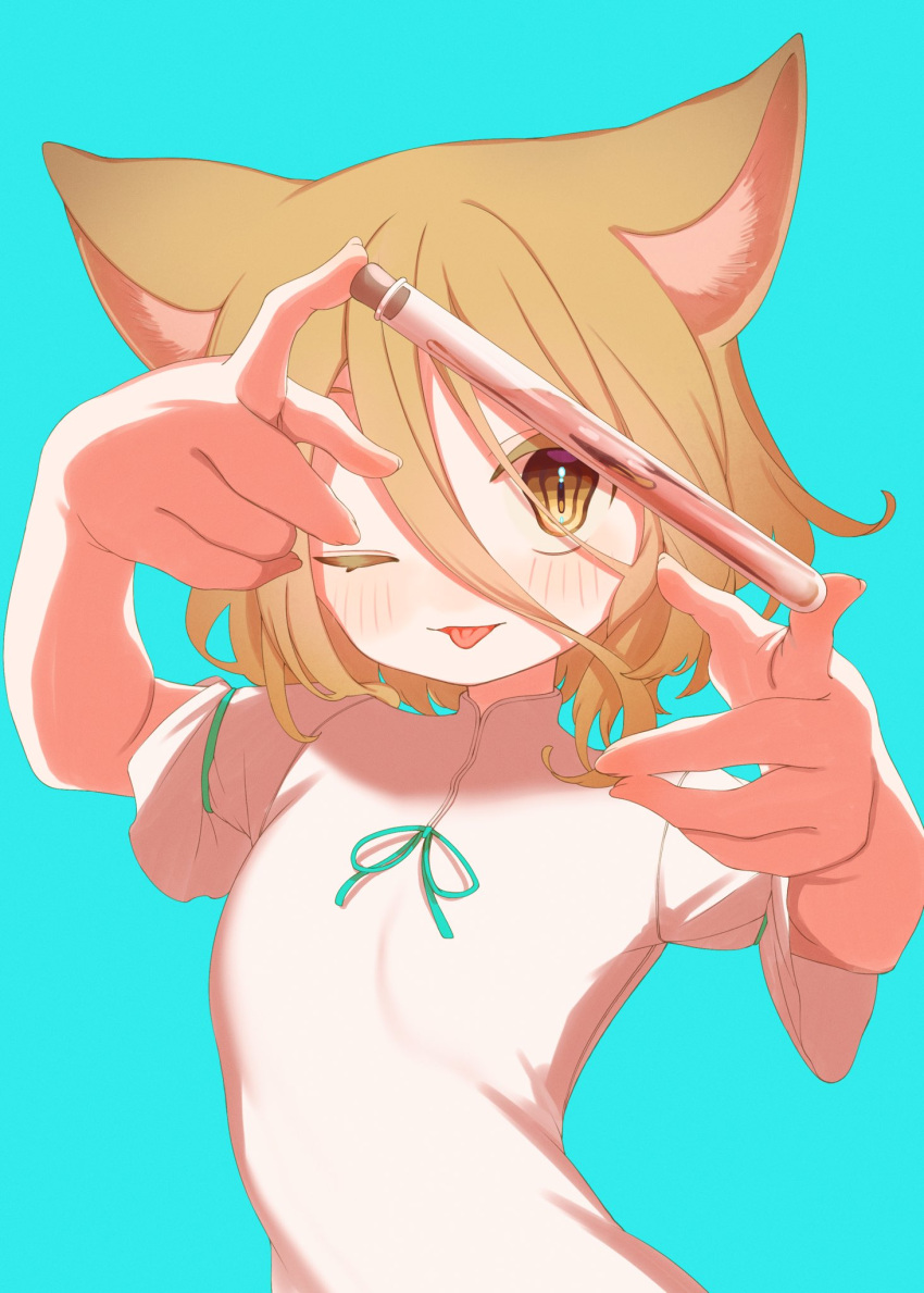 1girl ;p animal_ears blonde_hair blue_background blush e_sdss fox_ears hair_ornament hairclip highres kudamaki_tsukasa looking_at_viewer one_eye_closed short_sleeves simple_background solo tongue tongue_out touhou upper_body vial white_romper