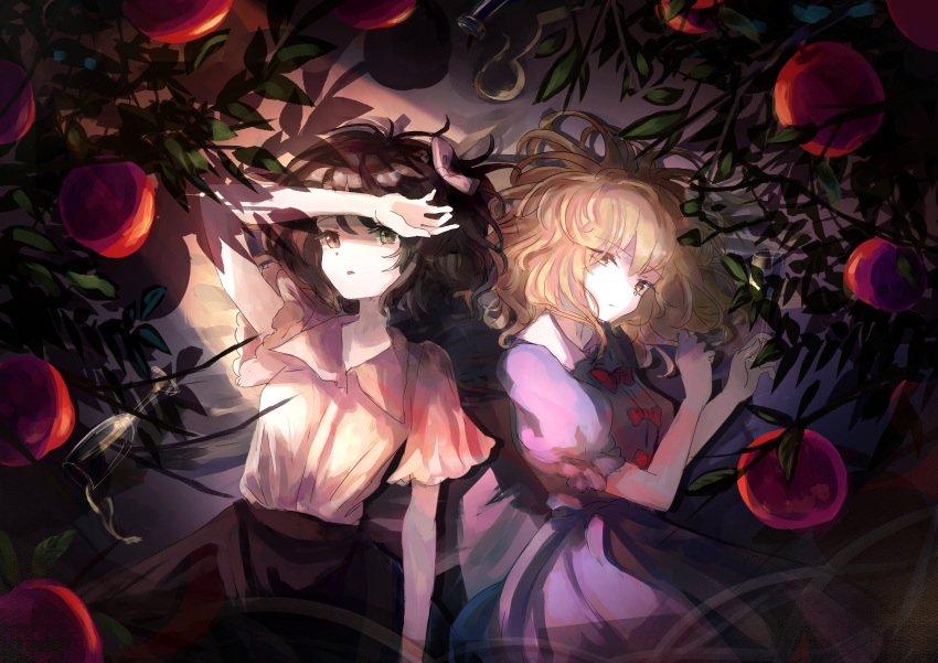 2girls absurdres apple apple_tree arm_over_head black_skirt blonde_hair bottle bow branch brown_eyes brown_hair collar collared_dress collared_shirt cup dress drinking_glass food fruit hair_bow highres leaf looking_at_viewer lying maribel_hearn minus_(sr_mineka) multiple_girls on_back puffy_short_sleeves puffy_sleeves purple_dress red_bow shirt short_hair short_sleeves skirt touhou tree upper_body usami_renko white_collar white_shirt wide_sleeves wine_glass yellow_eyes