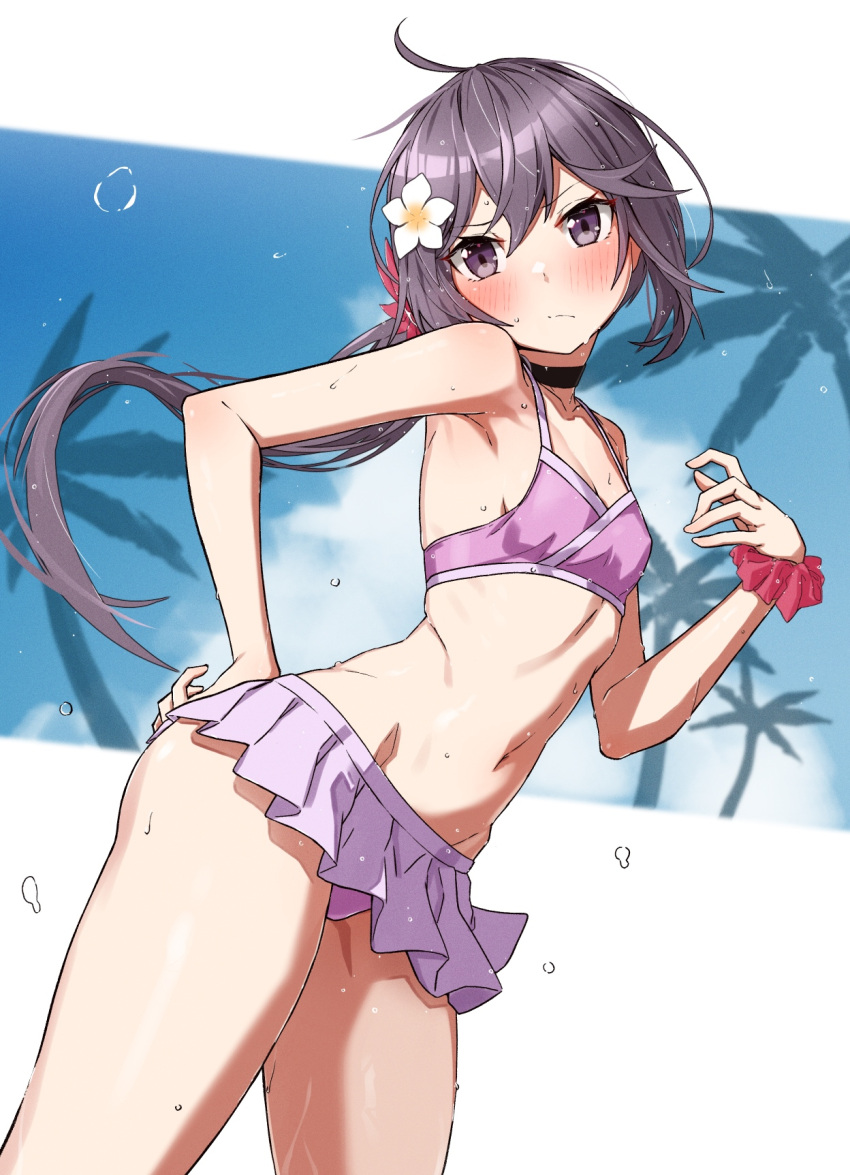1girl armband beach blush coconut_tree kantai_collection looking_at_viewer ponytail purple_eyes purple_hair short_hair simple solo sweat swimsuit underwear white_background