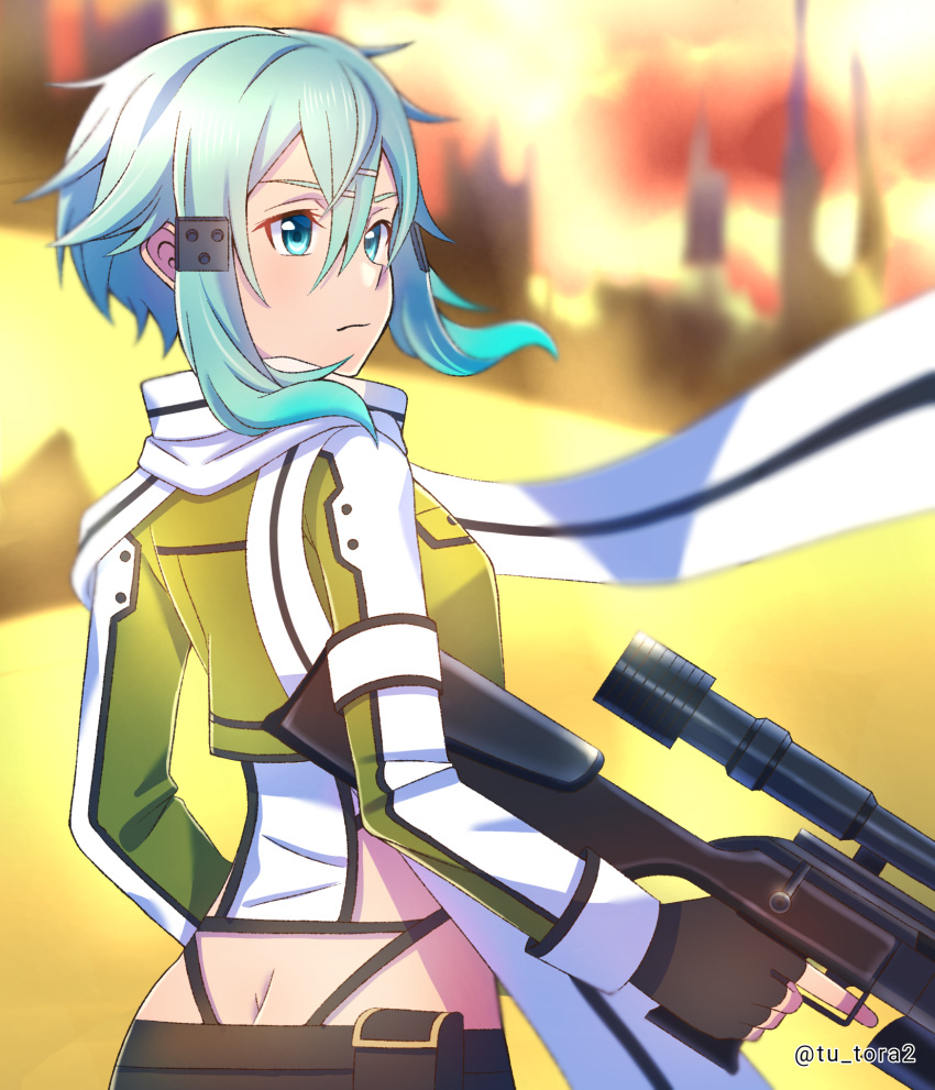 1girl bangs black_gloves blue_eyes blue_hair blurry blurry_background butt_crack closed_mouth crop_top fingerless_gloves floating_hair from_behind gloves green_jacket gun hair_between_eyes hair_ornament hairclip highres holding holding_gun holding_weapon jacket long_sleeves midriff pgm_hecate_ii rifle scarf shiny shiny_hair short_hair_with_long_locks sidelocks sinon sniper_rifle solo standing sword_art_online tu_tora2 twitter_username weapon white_scarf