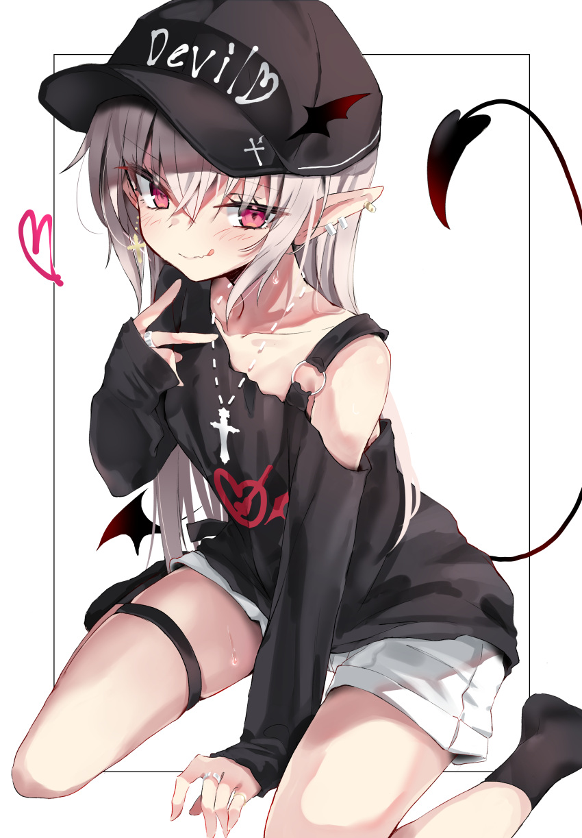 1girl absurdres asymmetrical_clothes bangs baseball_cap between_legs black_shirt blush closed_mouth collarbone commentary_request cross cross_earrings cross_necklace demon_girl demon_tail demon_wings earrings english_text flat_chest full_body grin hair_between_eyes hair_over_eyes hand_between_legs hand_up hat heart highres jewelry licking_lips long_sleeves necklace off_shoulder original pointy_ears red_eyes ring shirt shorts sitting smile solo spoken_heart sweatdrop tail thigh_strap tongue tongue_out toshizou_(0714) v wariza wavy_mouth white_hair white_shorts wings