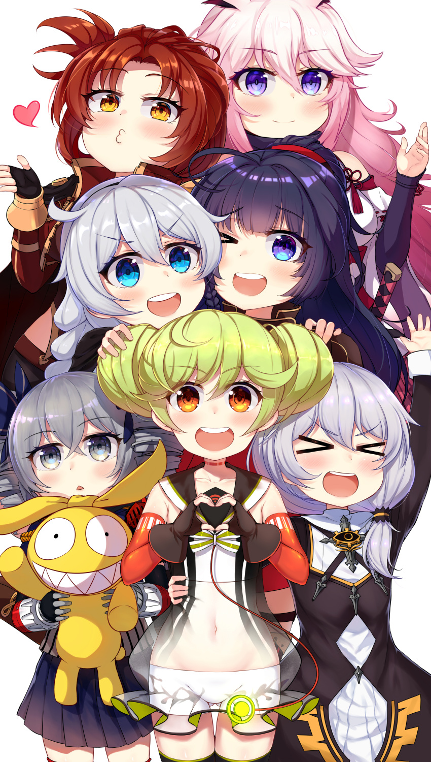 &gt;_&lt; 6+girls :d absurdres ai-chan_(honkai_impact) animal_ears arm_up bangs bare_shoulders black_cape black_dress black_gloves blowing_kiss blue_eyes blue_shirt blue_skirt bow braid bronya_zaychik bronya_zaychik_(valkyrie_chariot) cape closed_mouth diaoxian_kuangmo doll double_bun dress drill_hair elbow_gloves fingerless_gloves fox_ears gloves green_hair grey_eyes grey_hair hair_bow heart heart_hands highres holding holding_doll homu_(honkai_impact) honkai_(series) honkai_impact_3rd jacket japanese_clothes katana kiana_kaslana kiana_kaslana_(valkyrie_ranger) long_hair long_sleeves looking_at_viewer miko multiple_girls murata_himeko murata_himeko_(valkyrie_triumph) navel nun one_eye_closed open_mouth orange_eyes pink_hair ponytail purple_hair raiden_mei raiden_mei_(valkyrie_bladestrike) red_dress red_jacket redhead see-through_dress sheath sheathed shirt shorts simple_background skirt sleeveless sleeveless_dress smile sword theresa_apocalypse theresa_apocalypse_(valkyrie_pledge) twin_braids twin_drills v-shaped_eyebrows violet_eyes weapon white_background white_hair white_shorts yae_sakura yae_sakura_(gyakushinn_miko) yellow_eyes