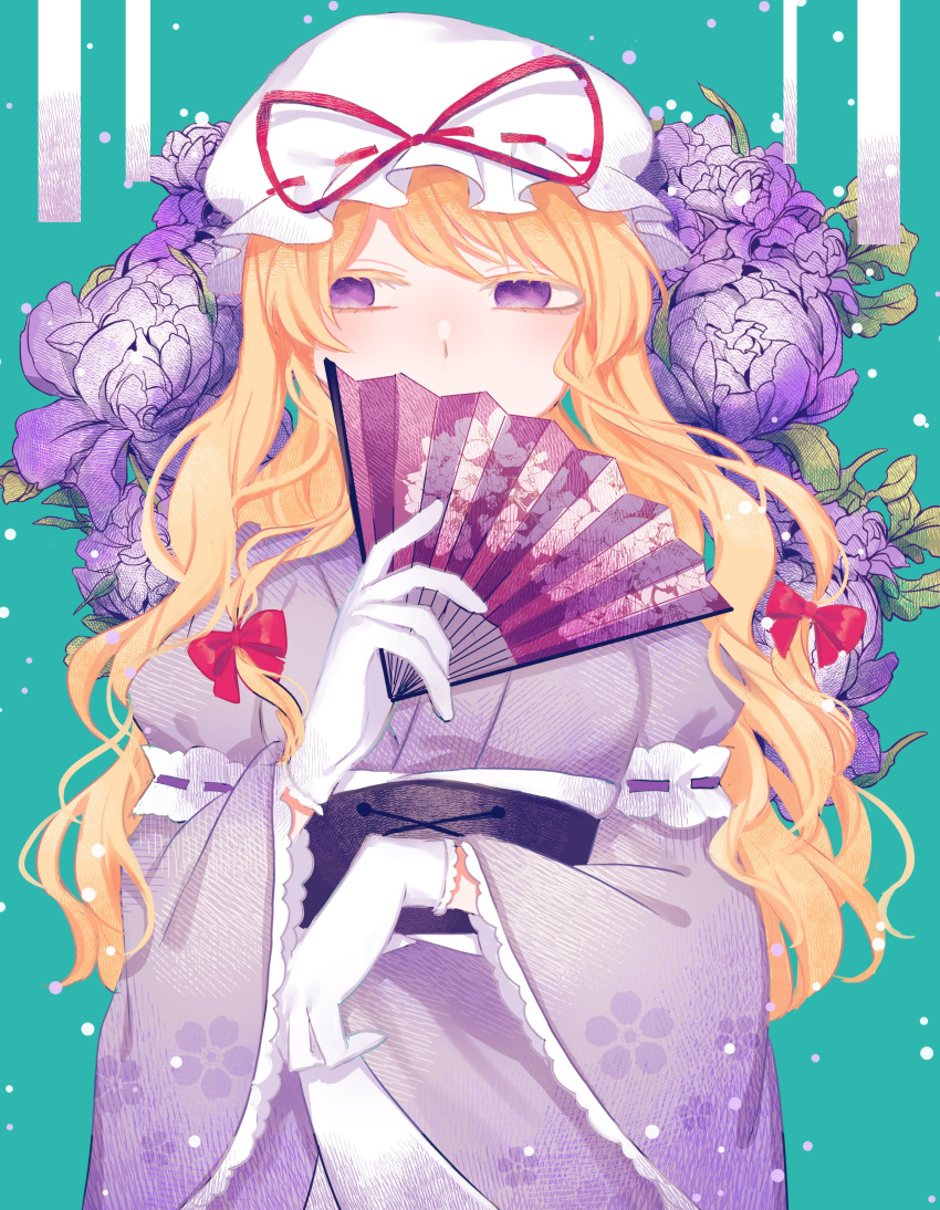 1girl absurdres blonde_hair bow covering_mouth dress floral_background floral_print flower flower_request folding_fan gloves hair_bow hand_fan hat hat_ribbon highres holding japanese_clothes long_hair long_sleeves looking_to_the_side mob_cap purple_flower ribbon solo toraneko_2 touhou violet_eyes white_gloves wide_sleeves yakumo_yukari