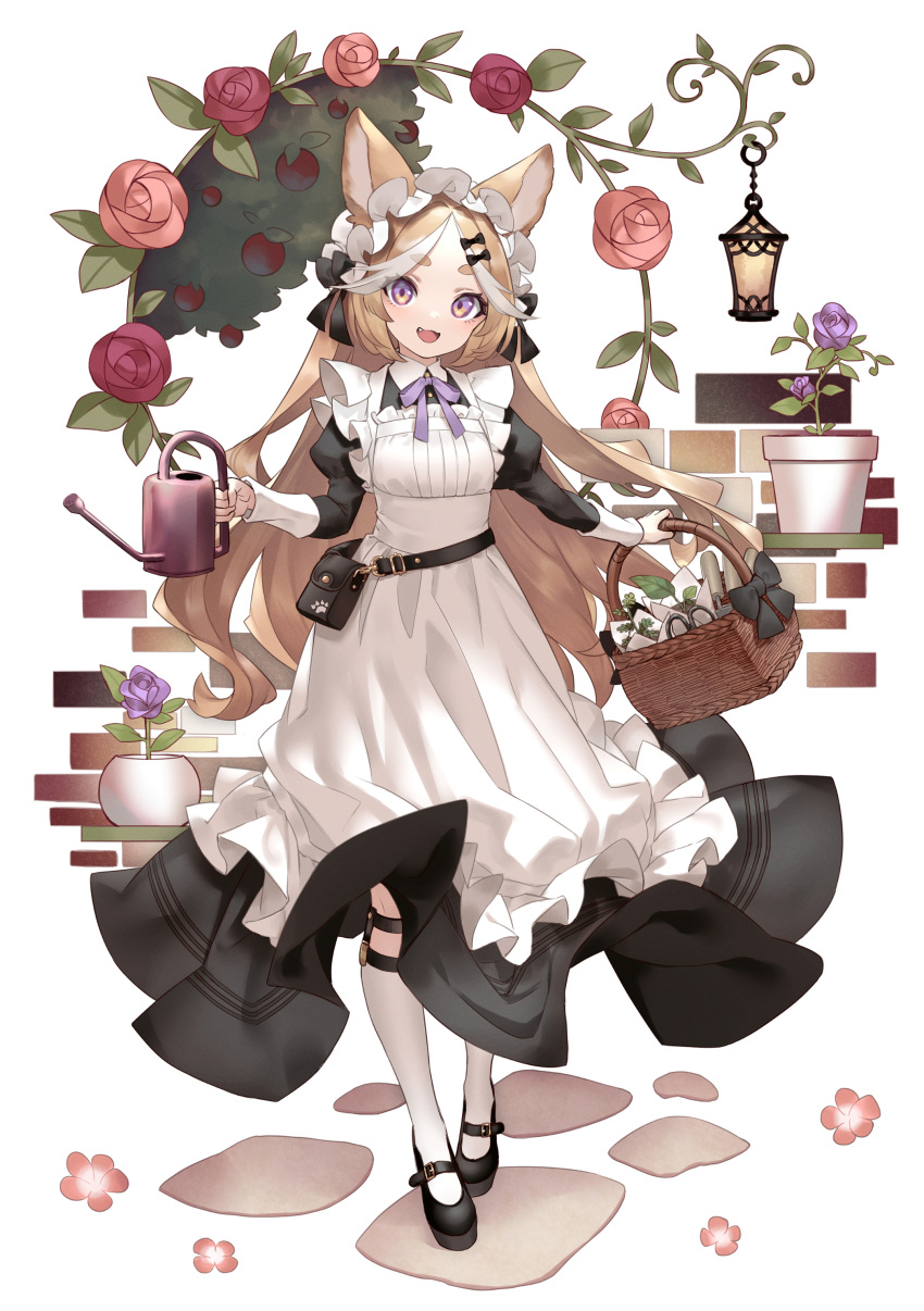 1girl absurdres animal_ears apron basket black_dress black_footwear breasts brown_hair commentary_request commission dress flower flower_pot highres holding holding_basket holding_watering_can kneehighs long_dress long_hair long_sleeves looking_at_viewer maid_apron maid_headdress mary_janes metal_yuki_midare_wappa multicolored_hair neck_ribbon open_mouth original pixiv_request pouch puffy_sleeves purple_ribbon ribbon shoes small_breasts solo standing streaked_hair trowel two-tone_hair violet_eyes watering_can white_background white_hair white_legwear
