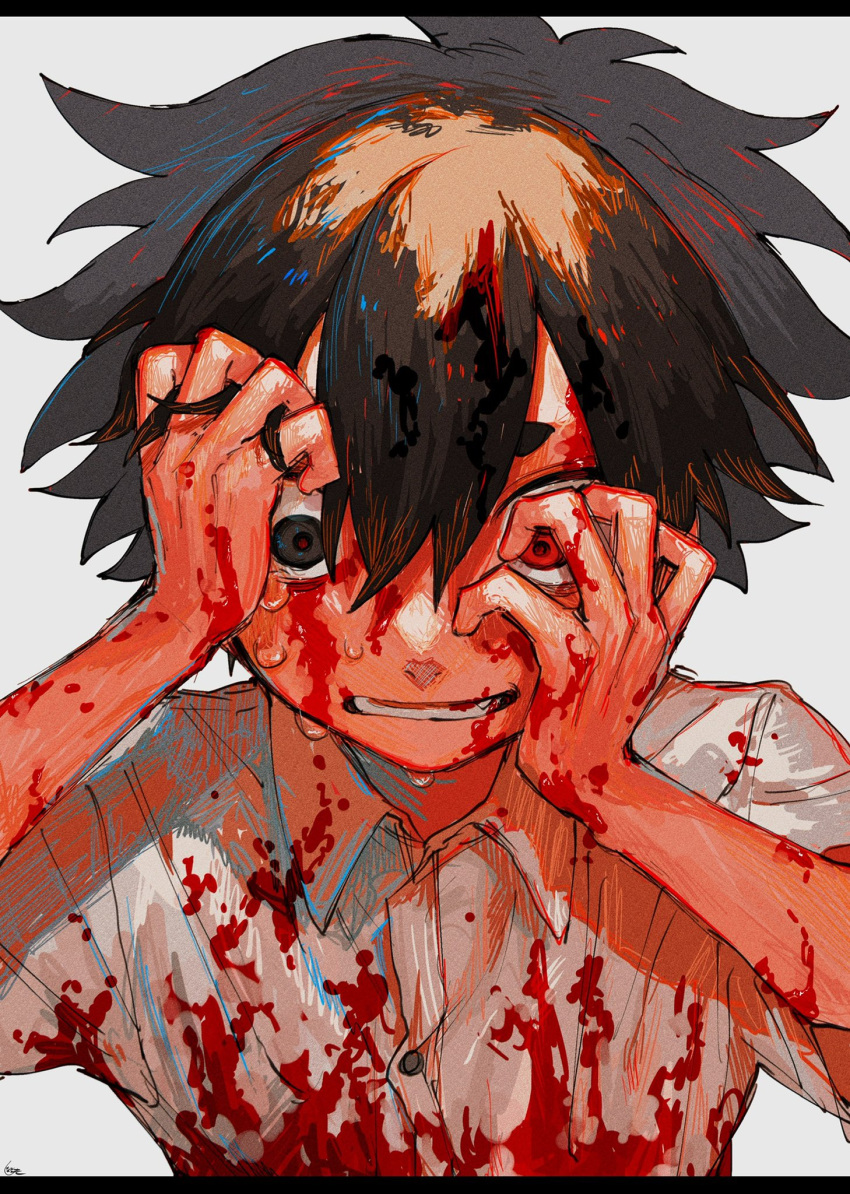1boy blood blood_in_hair blood_on_arm blood_on_clothes blood_on_face blood_on_hands brown_eyes brown_hair collared_shirt hair_between_eyes hands_on_own_face heterochromia highres letterboxed looking_down male_focus original red_eyes shinagire_(sinanohaka) shirt short_eyebrows short_sleeves solo sweat upper_body white_background white_shirt