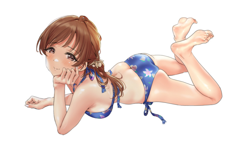 1girl a-1_pictures ass bikini blue_bikini blush brown_hair butt_crack cute feet_up floral_print hamedoragon hand_on_own_cheek hand_on_own_face head_rest idolmaster idolmaster_cinderella_girls looking_at_viewer lying nitta_minami on_stomach simple_background smile soles solo swimsuit toes white_background