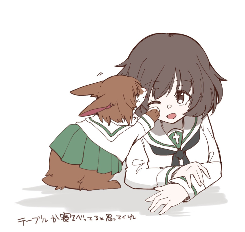 1girl akiyama_yukari animalization bangs black_neckerchief blouse brown_eyes brown_hair commentary eyebrows_visible_through_hair girls_und_panzer green_skirt hasekura_(hachinochun) highres licking long_sleeves lying messy_hair motion_lines neckerchief nishizumi_miho on_stomach one_eye_closed ooarai_school_uniform open_mouth pleated_skirt rabbit sailor_collar school_uniform serafuku shirt short_hair simple_background sketch skirt smile translated white_background white_sailor_collar white_shirt