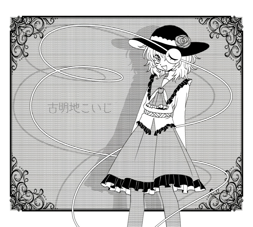 1girl :d arms_at_sides ascot bad_id bad_pixiv_id blouse character_name feet_out_of_frame flower frilled_shirt_collar frilled_skirt frills greyscale hair_between_eyes hat hat_flower highres inactive_account komeiji_koishi long_sleeves looking_at_viewer medium_hair monochrome one_eye_covered open_mouth safe3133 shirt skirt smile solo symbol-only_commentary third_eye touhou translated