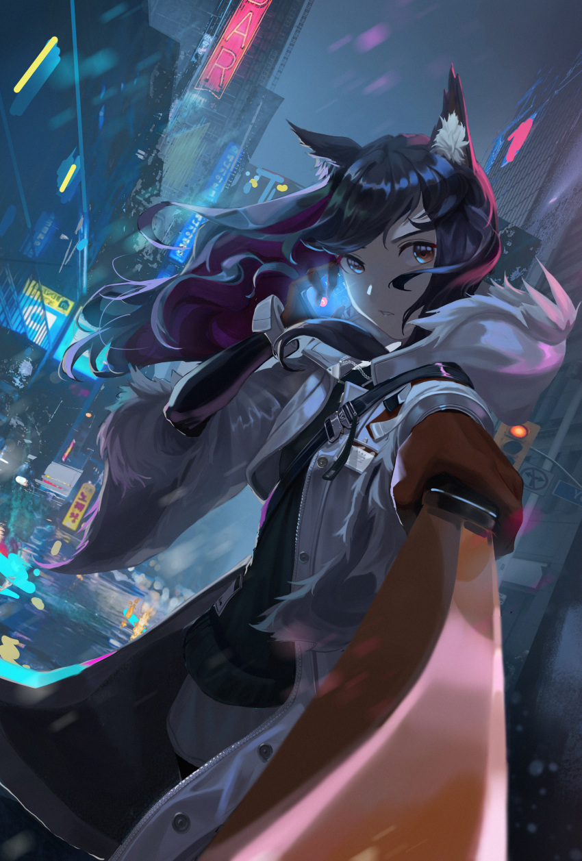 1girl absurdres aiming_at_viewer animal_ear_fluff animal_ears arknights black_hair black_legwear building buttons city coat colored_inner_hair cowboy_shot dutch_angle flashlight floating_hair fur-trimmed_hood fur-trimmed_sleeves fur_trim gloves hand_up highres holding holding_sword holding_weapon hood hz_(megumi_akira) id_card looking_at_viewer multicolored_hair night open_clothes open_coat orange_gloves outdoors pantyhose rain redhead road_sign sign skirt skyscraper solo sword texas_(arknights) texas_(winter_messenger)_(arknights) traffic_light weapon white_coat white_skirt wide_sleeves winter_clothes winter_coat wolf_ears yellow_eyes