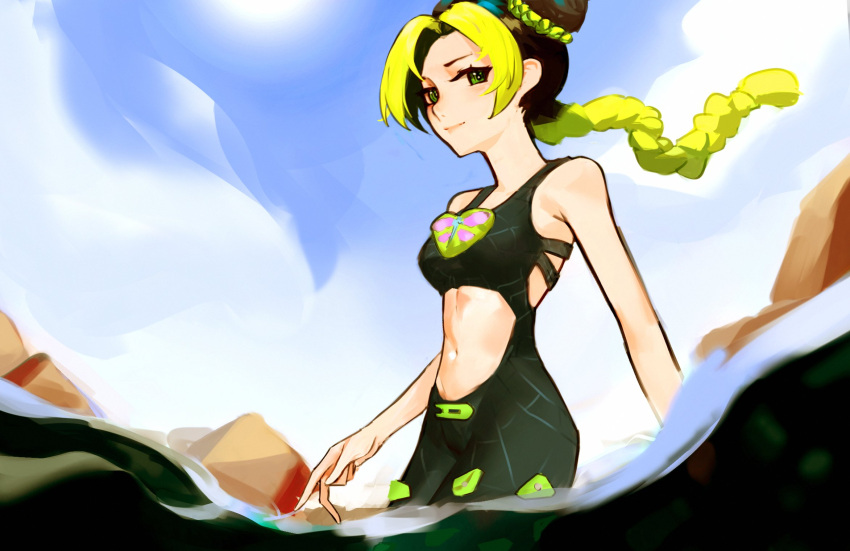 1girl bare_arms bare_shoulders blue_sky braid breasts closed_mouth clothing_cutout cowboy_shot day double_bun floating_hair green_eyes green_hair highres jojo_no_kimyou_na_bouken kujo_jolyne long_hair looking_at_viewer navel outdoors sky small_breasts smile solo standing stomach_cutout stone_ocean vergil_mon wading