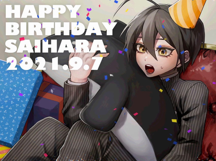 1boy ahoge bangs black_hair box brown_eyes confetti danganronpa_(series) danganronpa_v3:_killing_harmony dated feet_out_of_frame gift gift_box hair_between_eyes happy_birthday hat highres holding holding_stuffed_toy jacket male_focus niwatori_panda open_mouth party_hat saihara_shuuichi short_hair sitting solo striped striped_jacket stuffed_orca stuffed_toy teeth