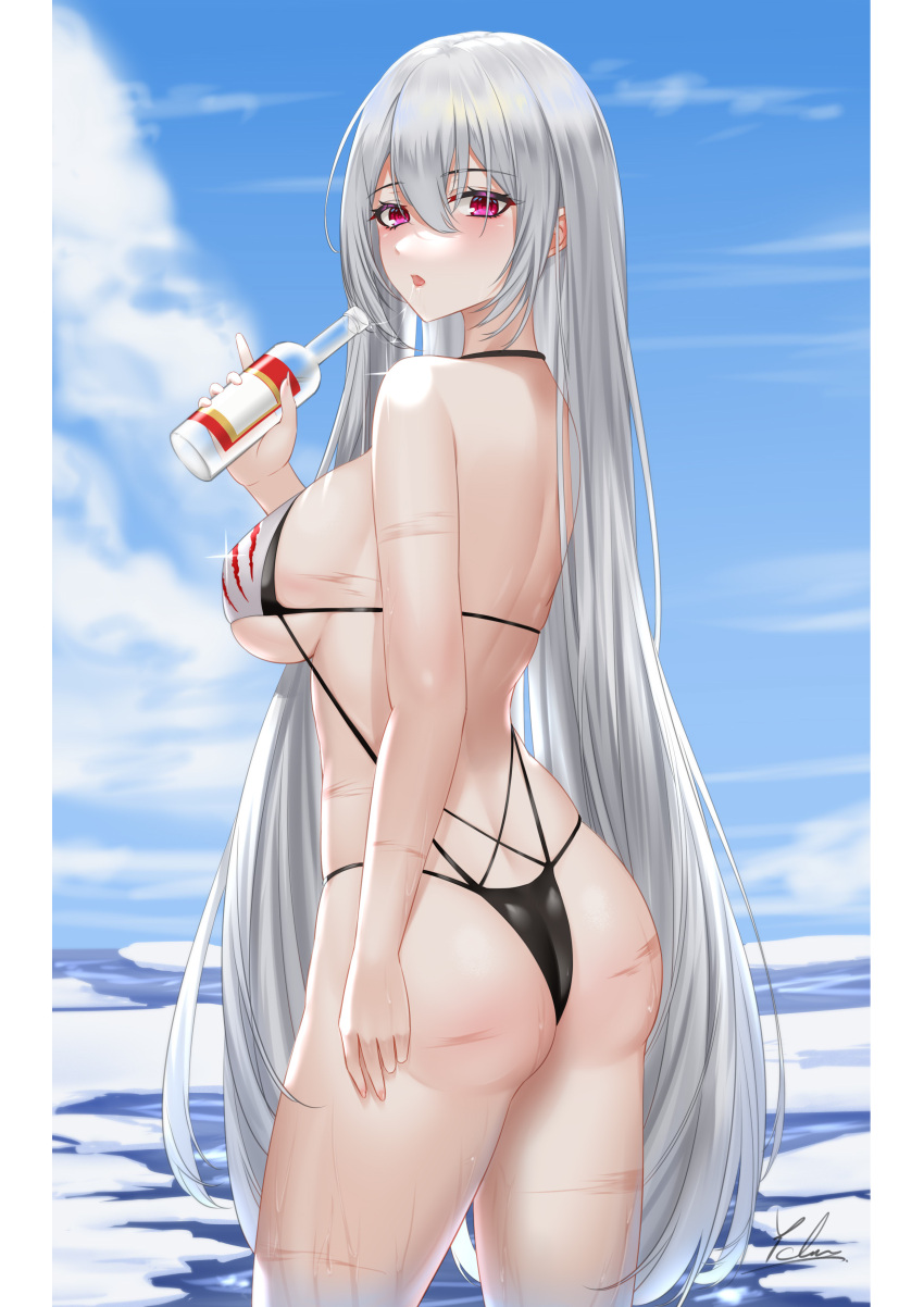 1girl :o absurdres ass azur_lane bangs bare_arms bare_shoulders black_swimsuit blush breasts character_request chinese_commentary commentary_request drink eyebrows_visible_through_hair from_behind hair_between_eyes highres ichikushi_mojibake large_breasts looking_at_viewer looking_back one-piece_swimsuit outdoors parted_lips red_eyes solo swimsuit thighs