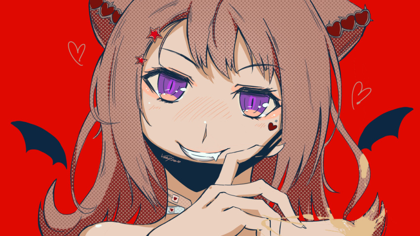 1girl bandaid bandaid_on_neck bang_dream! bangs bare_shoulders black_mask blush brown_hair commentary detached_wings evil_smile eyebrows_visible_through_hair fang fang_out grin hair_cones hair_ornament halftone hand_up head_tilt heart heart_hair_ornament heart_tattoo highres looking_at_viewer mask mask_pull mihaya_(mihaya1818) mini_wings mouth_mask parody portrait red_background sidelocks signature simple_background slit_pupils smile solo star_(symbol) star_hair_ornament tattoo teeth toyama_kasumi vampire vampire_(vocaloid) violet_eyes wings