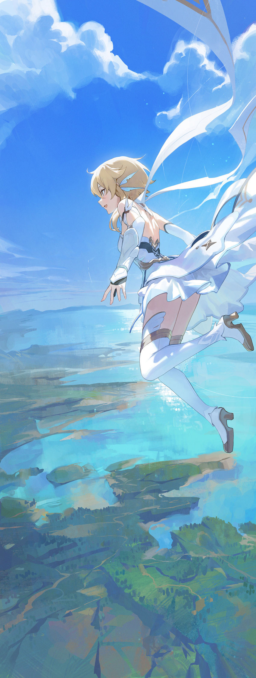 1girl :d absurdres bangs bare_back blonde_hair blue_sky boots breasts clouds day detached_sleeves dress from_side full_body genshin_impact gloves hair_ornament high_heel_boots high_heels highres long_hair long_sleeves looking_away lumine_(genshin_impact) medium_breasts midair modare ocean off_shoulder partially_fingerless_gloves profile short_hair_with_long_locks sky smile solo thigh-highs thighs twintails white_dress white_footwear white_legwear