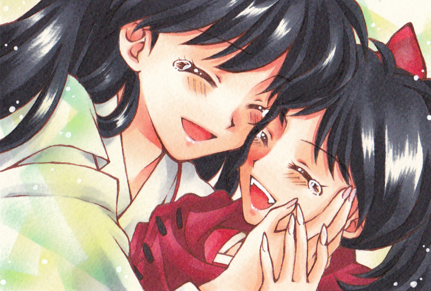 2girls anemone_love bangs black_hair bow cloak closed_eyes eyebrows_visible_through_hair fangs fingernails hair_bow han'you_no_yashahime hand_on_another's_face hand_on_another's_hand highres higurashi_kagome hug inuyasha japanese_clothes kimono moroha mother_and_daughter multiple_girls open_mouth ponytail red_bow sharp_fingernails tears