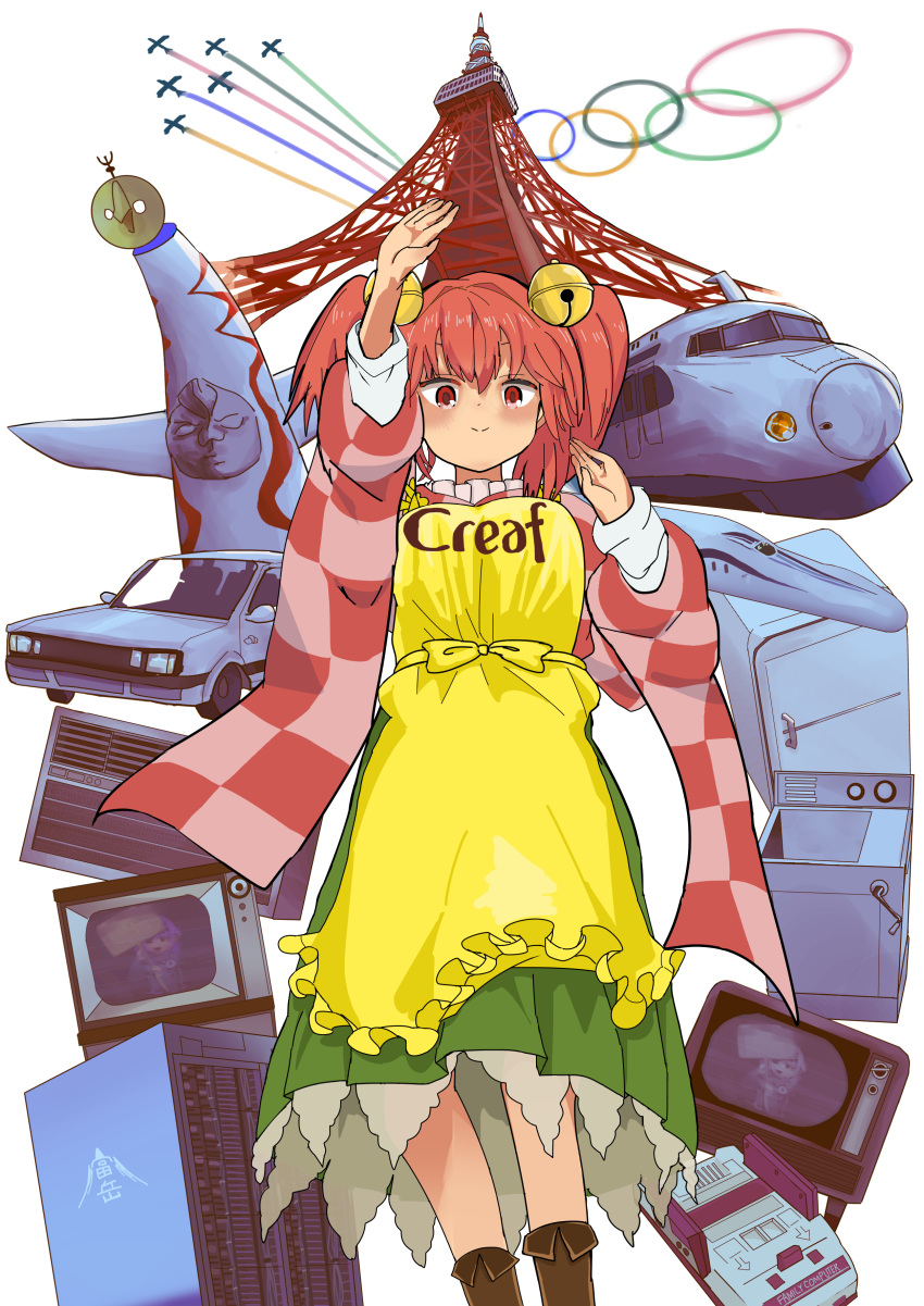 1girl absurdres apron bangs bell blush boots breasts brown_footwear car checkered_clothes checkered_kimono closed_mouth commentary_request contrail cookie_(touhou) creaf_(cookie) famicom feet_out_of_frame frilled_apron frills game_console green_skirt ground_vehicle hair_bell hair_between_eyes hair_ornament highres japanese_clothes jingle_bell kimono long_sleeves looking_at_viewer medium_breasts medium_hair motoori_kosuzu motor_vehicle olympic_rings olympics orange_hair pink_kimono red_eyes red_kimono refrigerator shinkansen shouwa skirt smile solo television toaru_yuuzaa tokyo_tower touhou transparent_background twintails yellow_apron