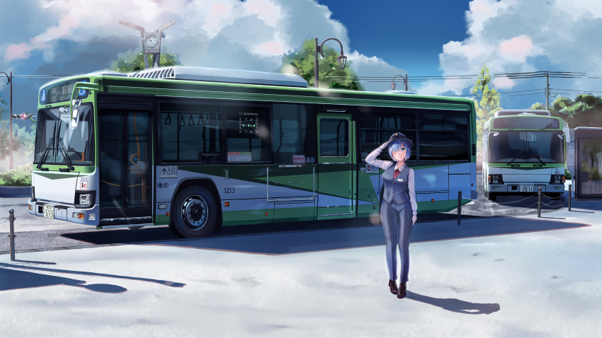 1girl absurdres ascot blue_eyes blue_hair blue_pants blue_sky blue_vest bus clouds cloudy_sky commentary contemporary ground_vehicle hair_ornament hair_over_one_eye hair_ribbon highres long_sleeves looking_at_viewer motor_vehicle pants png_pant_(bus) power_lines re:zero_kara_hajimeru_isekai_seikatsu red_ascot red_ribbon rem_(re:zero) ribbon road salute shadow shirt short_hair sky solo standing traffic_light utility_pole vehicle_focus vest white_shirt wide_shot x_hair_ornament