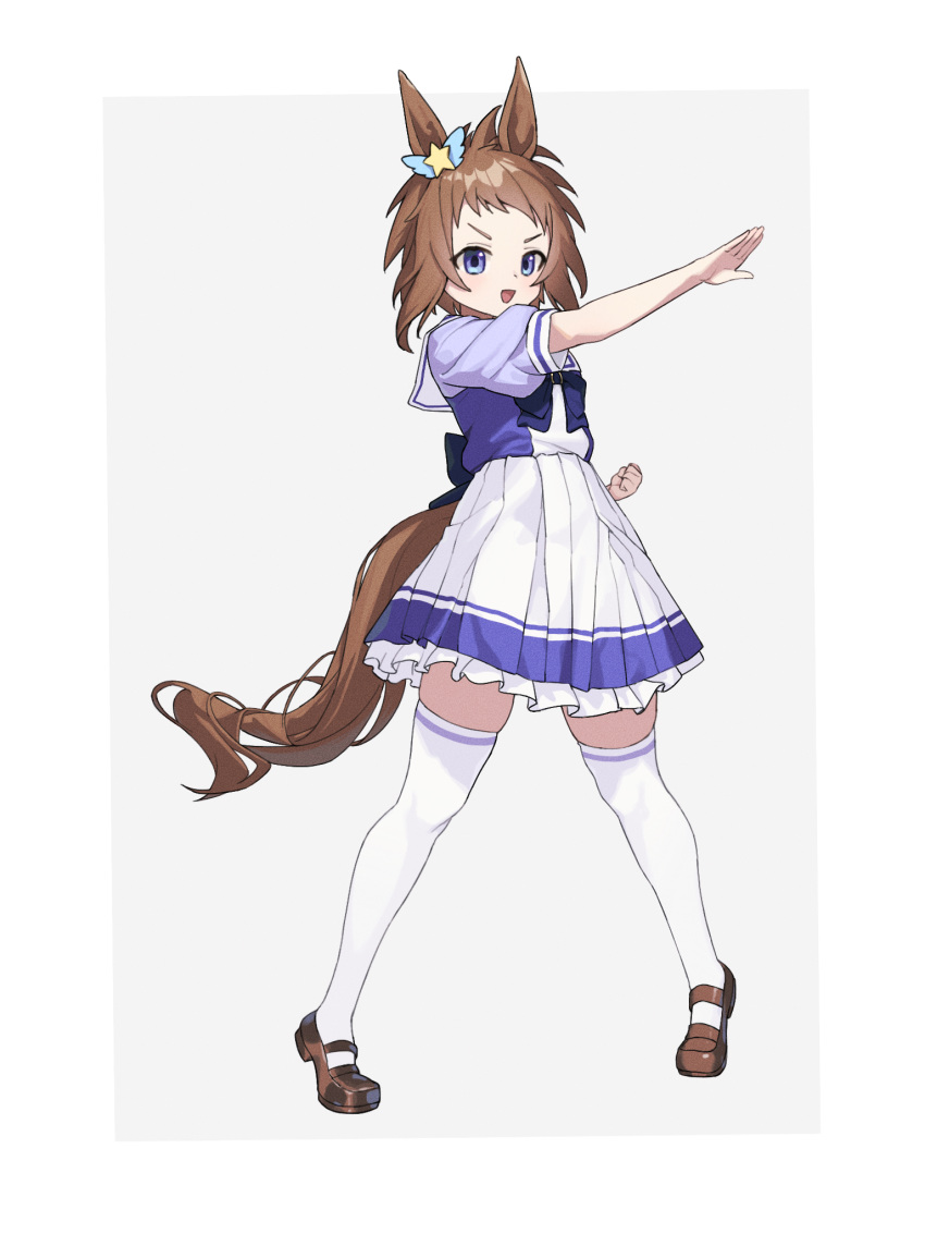 1girl animal_ears biko_pegasus_(umamusume) blue_eyes brown_footwear brown_hair clenched_hand ear_ornament full_body highres horse_ears horse_girl horse_tail mosou_keito parted_lips pose sailor_collar school_uniform serafuku short_hair short_sleeves simple_background skirt solo standing tail thigh-highs tracen_school_uniform two-tone_background umamusume white_legwear white_sailor_collar