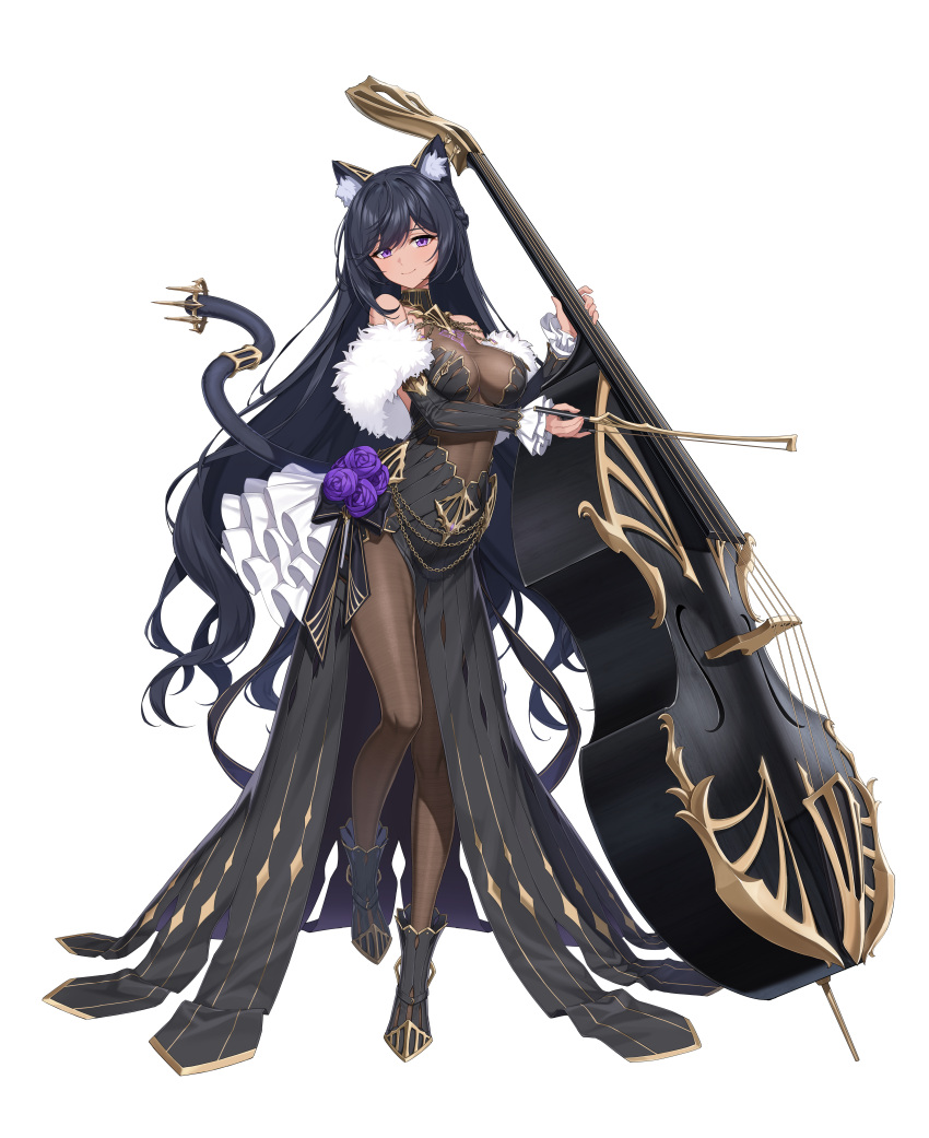 1girl absurdres animal_ear_fluff animal_ears ankle_boots artist_request bangs black_dress black_footwear bodystocking boots bow_(music) braid breasts cello character_request closed_mouth counter:side dark_blue_hair detached_sleeves dress fur_trim highres holding holding_instrument instrument long_dress long_hair looking_at_viewer medium_breasts official_art side_slit simple_background smile solo standing tail tail_ornament transparent_background very_long_hair violet_eyes