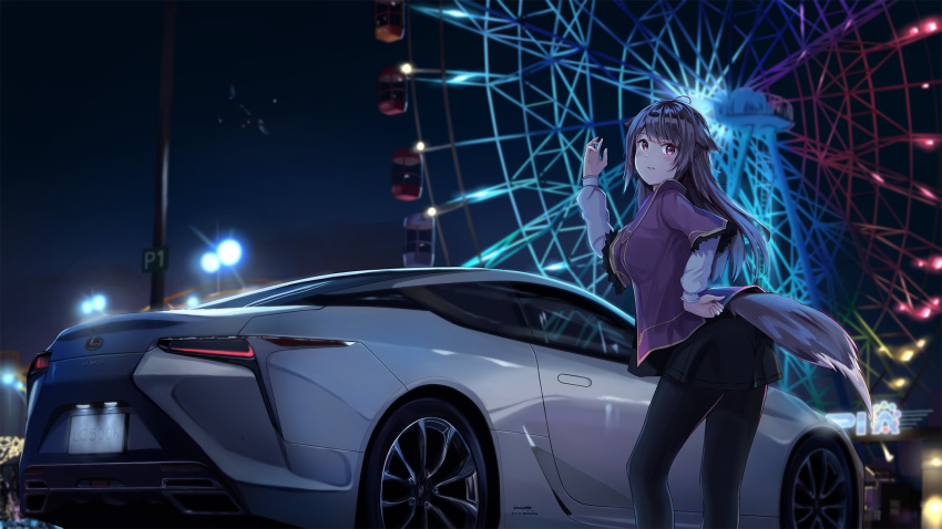 1girl aircraft airplane bangs black_legwear black_skirt blush car commentary_request eyebrows_visible_through_hair ferris_wheel fox_tail ground_vehicle highres lamppost layered_sleeves lexus lexus_lc license_plate long_hair long_sleeves looking_back motor_vehicle night night_sky original outdoors pantyhose png_pant_(bus) purple_hair short_over_long_sleeves short_sleeves skirt sky solo tail vehicle_request violet_eyes