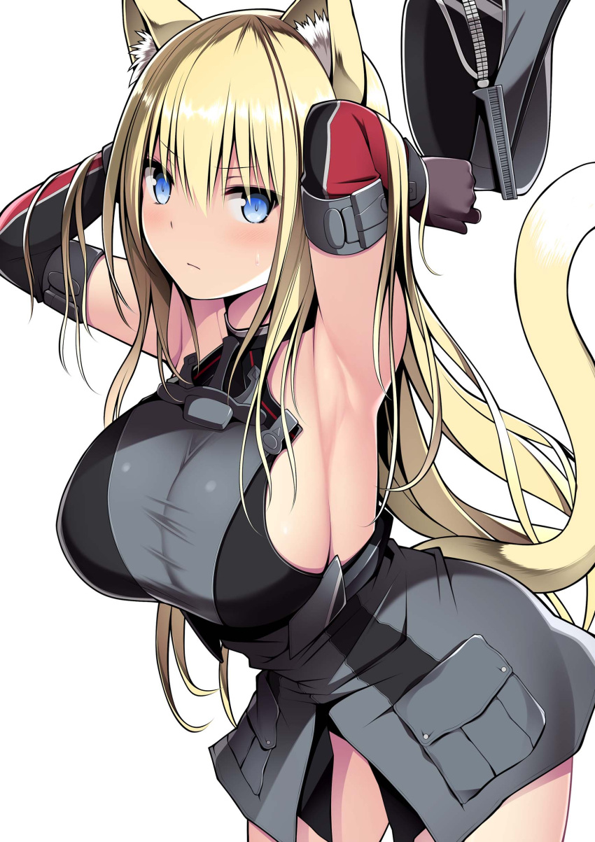 1girl absurdres animal_ears bare_shoulders bismarck_(kancolle) blonde_hair blue_eyes blush breasts brown_gloves cat_ears cat_tail closed_mouth cowboy_shot detached_sleeves eyebrows_visible_through_hair gloves grey_headwear hair_between_eyes hat highres holding holding_clothes holding_hat kantai_collection kuromayu large_breasts long_hair military military_hat military_uniform peaked_cap simple_background solo tail uniform white_background
