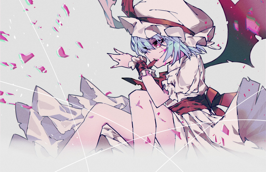 1girl \||/ ascot biting bleeding blood blue_hair collared_dress commentary cuts demon_wings dress eyebrows_behind_hair feet_out_of_frame frilled_sleeves frills from_side hair_between_eyes hand_up hat hat_ribbon highres injury looking_afar mob_cap mouth_hold puffy_short_sleeves puffy_sleeves red_ascot red_eyes red_ribbon remilia_scarlet ribbon short_hair short_sleeves solo teeth touhou uni_(bom19850101) white_dress white_headwear wings wrist_cuffs