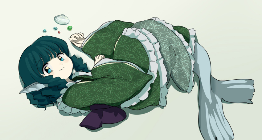 1girl blue_eyes blue_hair eyebrows eyebrows_visible_through_hair fish_tail green_kimono head_fins japanese_clothes kimono looking_at_viewer lying mermaid monster_girl shell smile solo street_dog tail touhou wakasagihime white_background zun_(style)